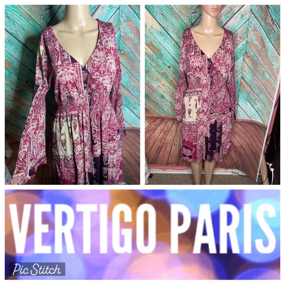 Vertigo Paris Red Sheer Nylon Patterned Long Sleeve Lined Midi Dress